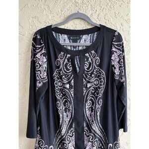 INC International concepts XL Black White Paisley V-Neck Key Hole Womens Blouse
